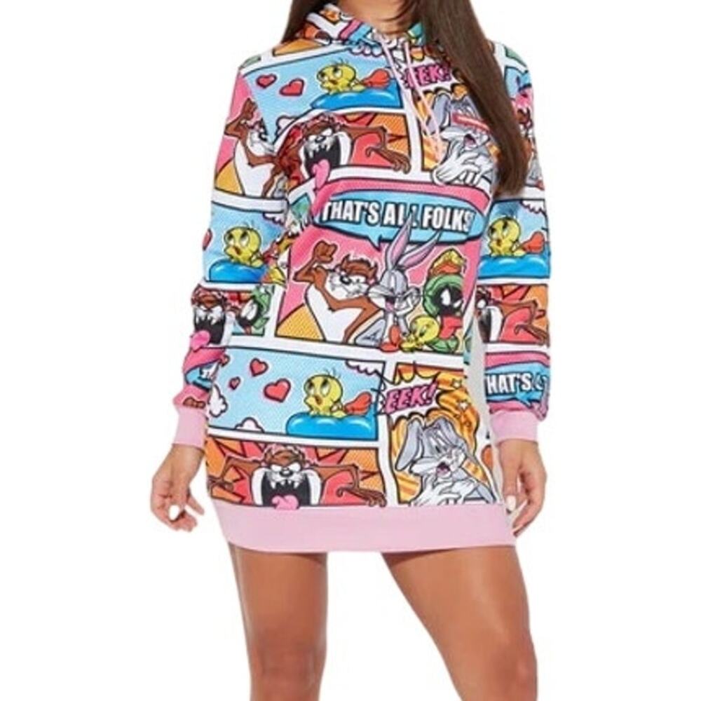 Members Only Looney Tunes Comic Graphic Hoodie Dress Mini All Over Print Large